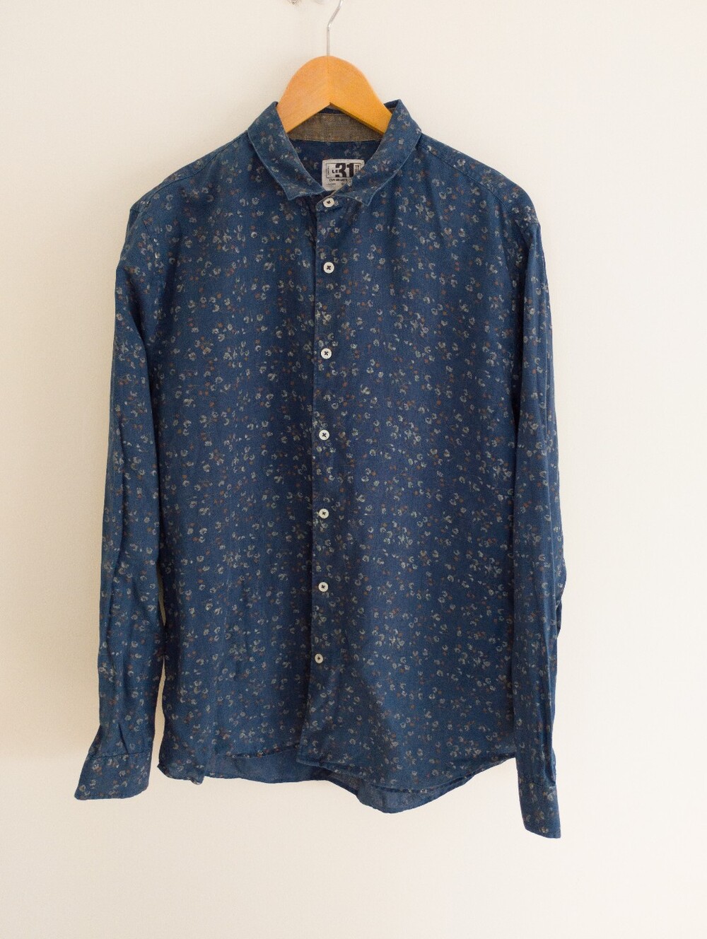 Le 31 Simons Men Large Blue Floral Premium Linen Shirt Semi Fit Long Sleeve